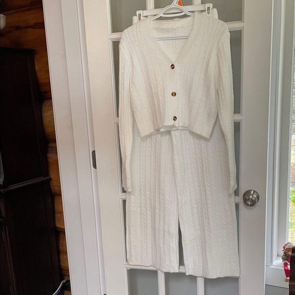 White Knit Cardigan and Pant Set
